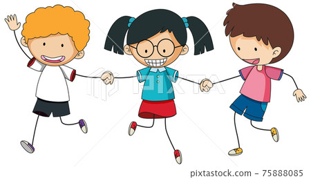 Happy kids holding hands doodle cartoon character - Stock Illustration ...