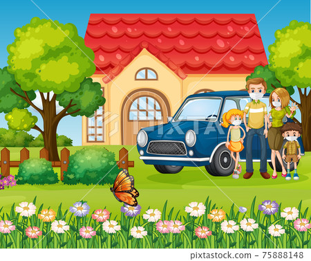 Happy family standing outside home with a car Happy family standing outside home with a car 75888148