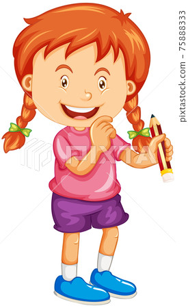 A girl holding a pencil cartoon character isolated on white background A girl holding a pencil cartoon character isolated on white background 75888333