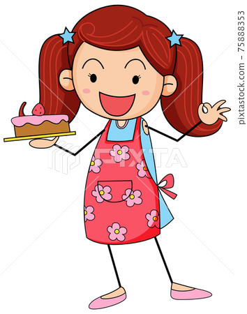 Cute girl holding cake doodle cartoon character... - Stock Illustration ...