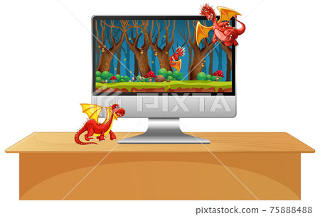 Computer monitor on the table with dragon cartoon character on screen Computer monitor on the table with dragon cartoon character on screen 75888488