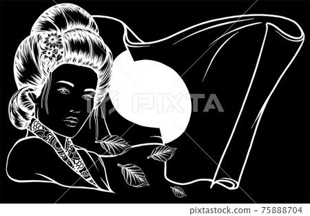 white silhouette of Beautiful Geisha with leaves and japan flag white silhouette of Beautiful Geisha with leaves and japan flag 75888704