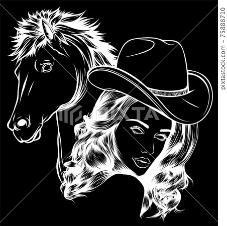 white silhouette of girl dressed as a cowboy with horse white silhouette of girl dressed as a cowboy with horse 75888710