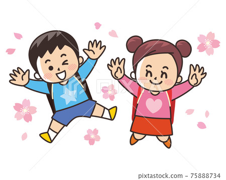 Jumping elementary school students and Sakura enrollment Jumping elementary school students and Sakura enrollment 75888734