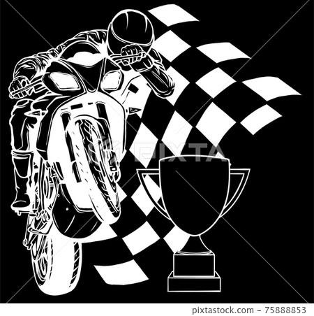 white silhouette of Riders on sport motorbike with cup and race flag 75888853