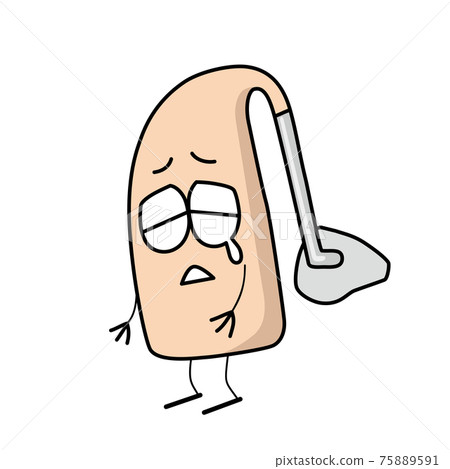 Illustration of a crying ear hearing aid character 75889591