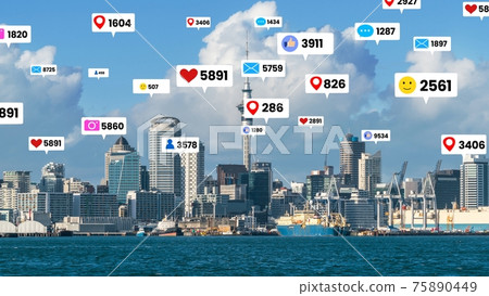 Social media icons fly over city downtown showing people engagement connection Social media icons fly over city downtown showing people engagement connection 75890449
