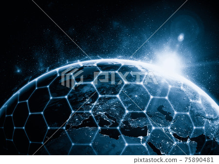 Global network connection covering the earth with lines of innovative perception 75890481