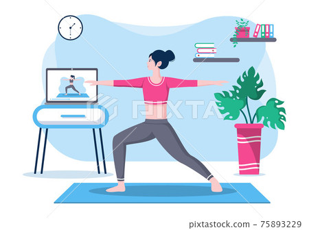 Online Lessons, Yoga and Meditation Classes By Watching Videos, Live Streaming, Internet Education On Your Laptop Or Phone At Home. Vector Illustration Online Lessons, Yoga and Meditation Classes By Watching Videos, Live Streaming, Internet Education On Your Laptop Or Phone At Home. Vector Illustration 75893229