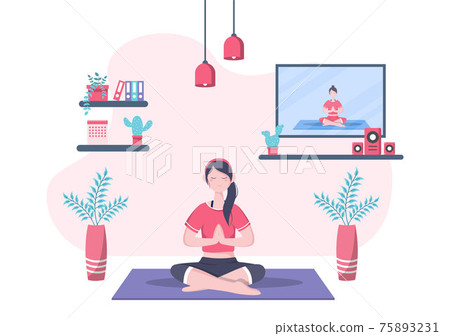 Online Lessons, Yoga and Meditation Classes By Watching Videos, Live Streaming, Internet Education On Your Laptop Or Phone At Home. Vector Illustration 75893231