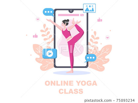 Online Lessons, Yoga and Meditation Classes By Watching Videos, Live Streaming, Internet Education On Your Laptop Or Phone At Home. Vector Illustration 75893234