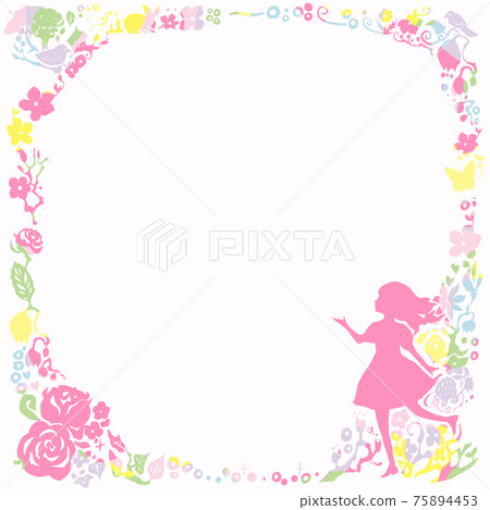 Frame illustration of pastel-colored paper-cut flowers and girl square Frame illustration of pastel-colored paper-cut flowers and girl square 75894453