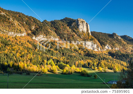 French countryside. Saint Agnan en Vercor: view of the heights of the Vercors and the valley Val de Drome in France 75895901