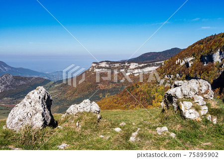 French countryside. Pas de l'Aubasse: View of the heights of the Vercors, the marly hills and the valley Val de Drome French countryside. Pas de l'Aubasse: View of the heights of the Vercors, the marly hills and the valley Val de Drome 75895902