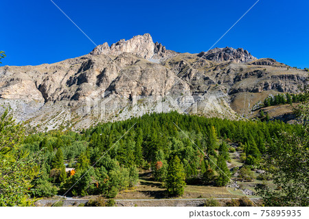 Landscape view of Col de la Cayolle pass and surrounding mountains in France 75895935