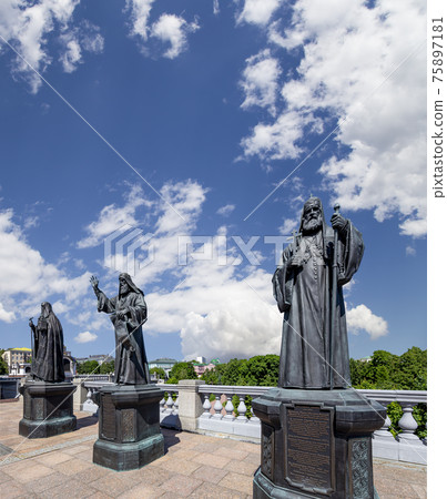 Monuments of the sculptural complex Patriarchs of Moscow and all Russia near the Cathedral of Christ the Savior. Moscow, Russia. Monuments of the sculptural complex Patriarchs of Moscow and all Russia near the Cathedral of Christ the Savior. Moscow, Russia. 75897181