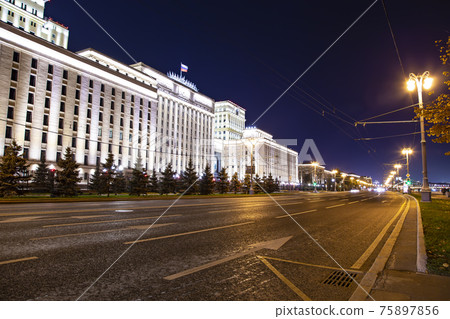 Main Building of the Ministry of Defence of the Russian Federation (Minoboron), at night-- is the governing body of the Russian Armed Forces. Moscow, Russia 75897856