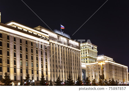 Main Building of the Ministry of Defence of the Russian Federation (Minoboron), at night-- is the governing body of the Russian Armed Forces. Moscow, Russia 75897857