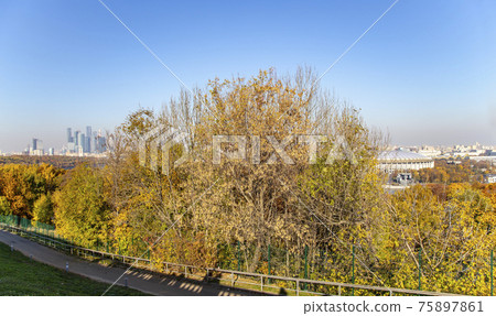 view of Sparrow Hills or Vorobyovy Gory observation (viewing) platform-- is on a steep bank 85 m above the Moskva river, or 200 m above sea level. Moscow, Russia view of Sparrow Hills or Vorobyovy Gory observation (viewing) platform-- is on a steep bank 85 m above the Moskva river, or 200 m above sea level. Moscow, Russia 75897861