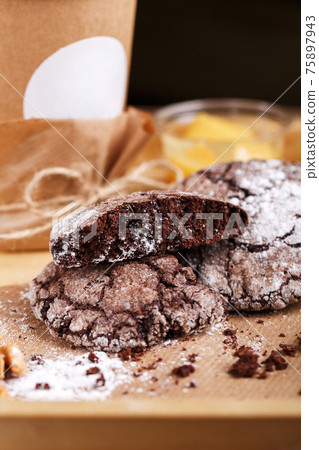 Chocolate chip cookies on a brown table. Chocolate chip cookies on a brown table. 75897943