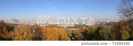 Panoramic view of central Moscow from Sparrow Hills or Vorobyovy Gory observation (viewing) platform-- is on a steep bank 85 m above the Moskva river, or 200 m above sea level. Moscow, Russia 75898160