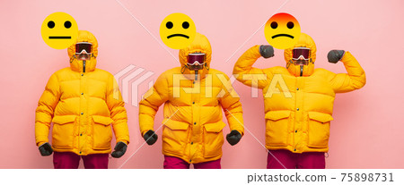 Young man with emoji. Funny meme emotions. Collage Young man with emoji. Funny meme emotions. Collage 75898731