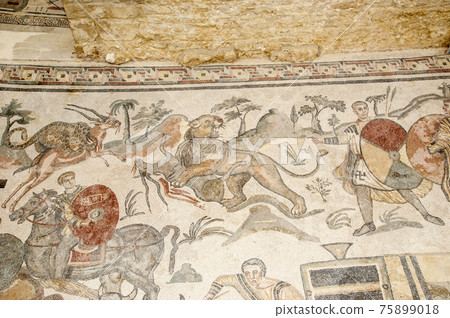 Mosaic fragment Roman Villa Romana del Casale, Sicily, UNESCO World Heritage Site 75899018