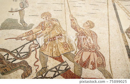 Mosaic fragment Roman Villa Romana del Casale, Sicily, UNESCO World Heritage Site 75899025