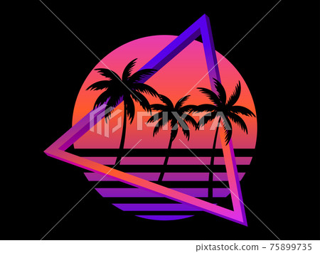 80s retro sci-fi palm trees on a sunset. Retro futuristic sun with palm trees. Synthwave and retrowave style. Design for advertising brochures, banners, posters, travel agencies. Vector illustration 75899735