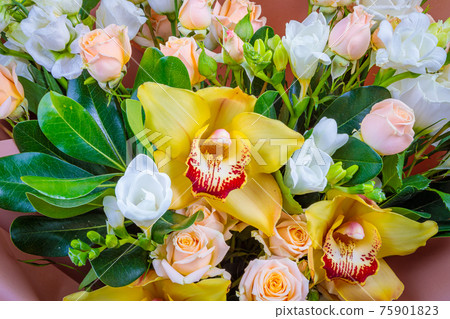 Fresh bouquet in pastel shades of pink, white, green, yellow. 75901823