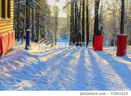 A man is riding in the sun at a ski resort. 75901824