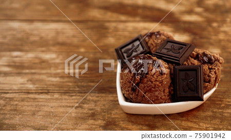 Homemade chocolate ice cream with chocolate pieces in a white bowl Homemade chocolate ice cream with chocolate pieces in a white bowl 75901942