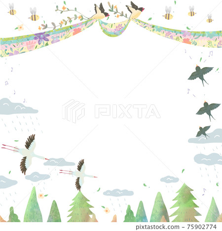 Scandinavian fashionable sky landscape and white background animal frame vector illustration of birds 75902774