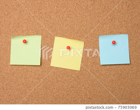square blank pieces of paper pinned on a cork board 75903069