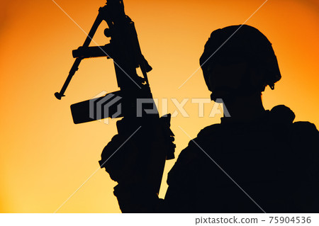 Shoulder silhouette of army forces machine gunner Shoulder silhouette of army forces machine gunner 75904536
