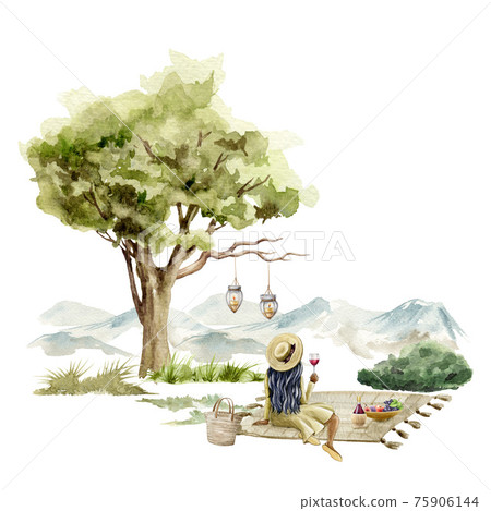Picnic outdoors scene. Young girl sitting with a glass of wine under the tree. Watercolor illustration. Single woman relaxing on the cover. Self care girl posing element. Isolated on white background 75906144