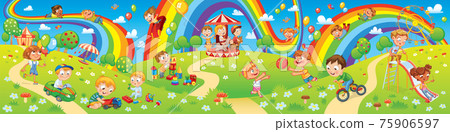 Kids zone. Amusement park rides. Children playing in playground 75906597