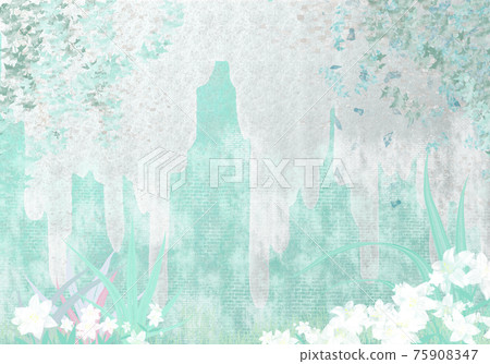 A semi-abstract background illustration of a summer garden with dazzling lights and fantastic colors, a secret garden where ivy stone walls and white lilies are in full bloom. A semi-abstract background illustration of a summer garden with dazzling lights and fantastic colors, a secret garden where ivy stone walls and white lilies are in full bloom. 75908347