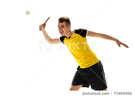 Funny emotions of professional tablet tennis player isolated on white studio background, excitement in game Funny emotions of professional tablet tennis player isolated on white studio background, excitement in game 75909466