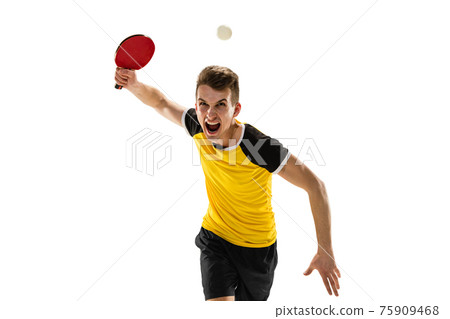 Funny emotions of professional tablet tennis player isolated on white studio background, excitement in game Funny emotions of professional tablet tennis player isolated on white studio background, excitement in game 75909468