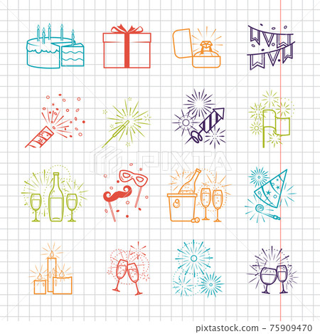Celebration Line Sticker Celebration line icons with drinks, garland and... - Stock Illustration ...