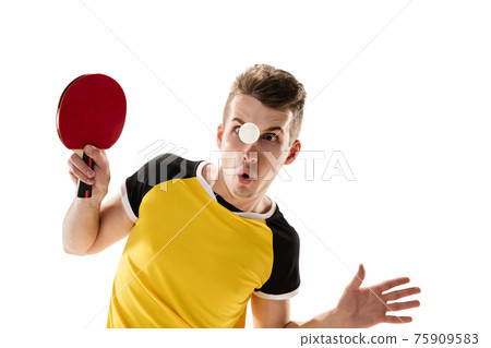 Funny emotions of professional tablet tennis player isolated on white studio background, excitement in game Funny emotions of professional tablet tennis player isolated on white studio background, excitement in game 75909583