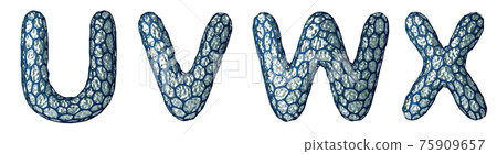 Realistic 3D letter set U, V, W, X made of silver shining metal . Realistic 3D letter set U, V, W, X made of silver shining metal . 75909657
