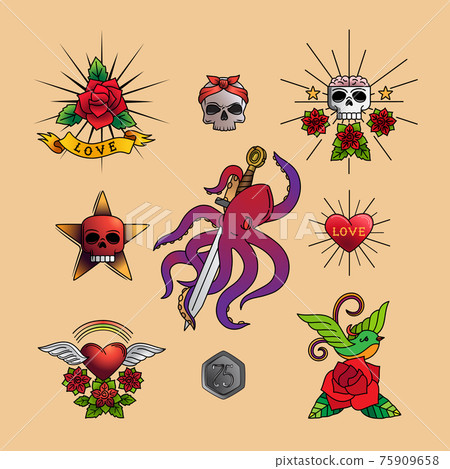 Traditional tattoo art icons Traditional tattoo art icons 75909658
