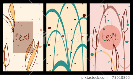 Posters set, minilalism abstract style background, transparent shapes, hand drawn leaves, copy space for text, rainbow shape, spots in colors of pink, green, brown 75910893