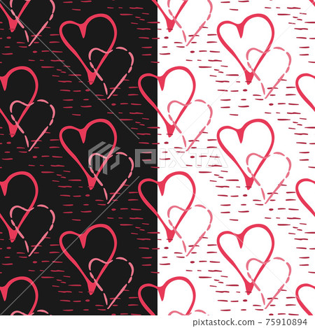 Doodle hearts seamless pattern, vector, hand drawn sketching ink brush lines, pink red colors palette 75910894