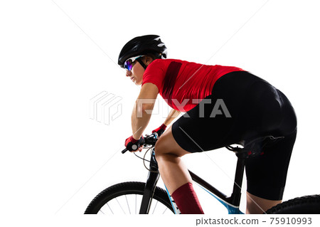 Professional female bike rider with road bike isolated over white background. 75910993