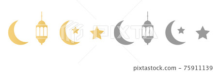 Ramadan icons set on long banner. Gold and gray lanterns, crescent and stars. Ramadan Kareem greeting card. Celebration design elements. Muslim islamic feast. Vector illustration Ramadan icons set on long banner. Gold and gray lanterns, crescent and stars. Ramadan Kareem greeting card. Celebration design elements. Muslim islamic feast. Vector illustration 75911139