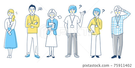 Business person, troubled facial expression, 6 men and women, whole body set 75911402
