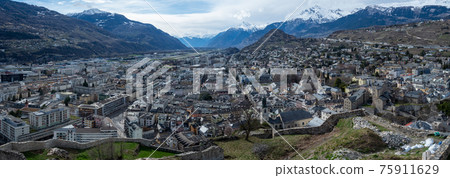 Panorama view from chateau de valere over the city of sion, switzerland Panorama view from chateau de valere over the city of sion, switzerland 75911629